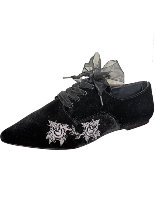 Strange Cvlt Shoes - Lively Ghosts x Strange Cvlt NIGHTFALL FLATS Black Velvet Rose Lace-Up Oxfords